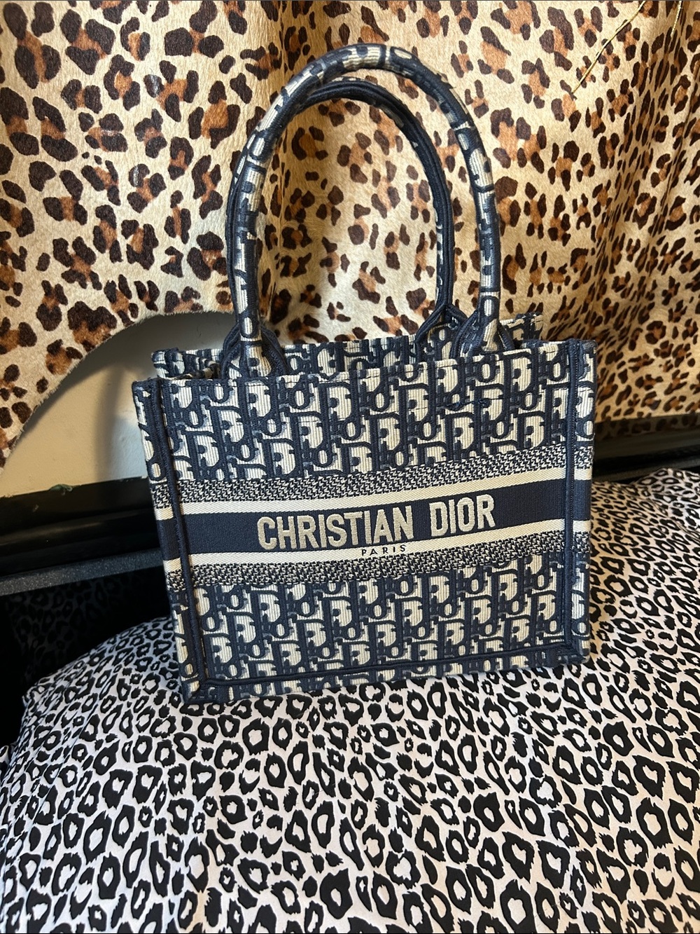 Dior Navy and Cream Vintage Small mebroided Oblique Book Tote